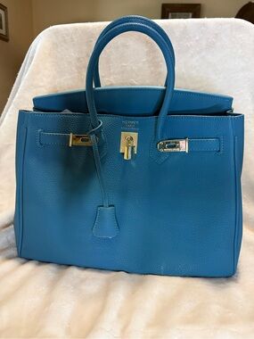 Hermès ocean Blue Leather Satchel with Gold Hardware
